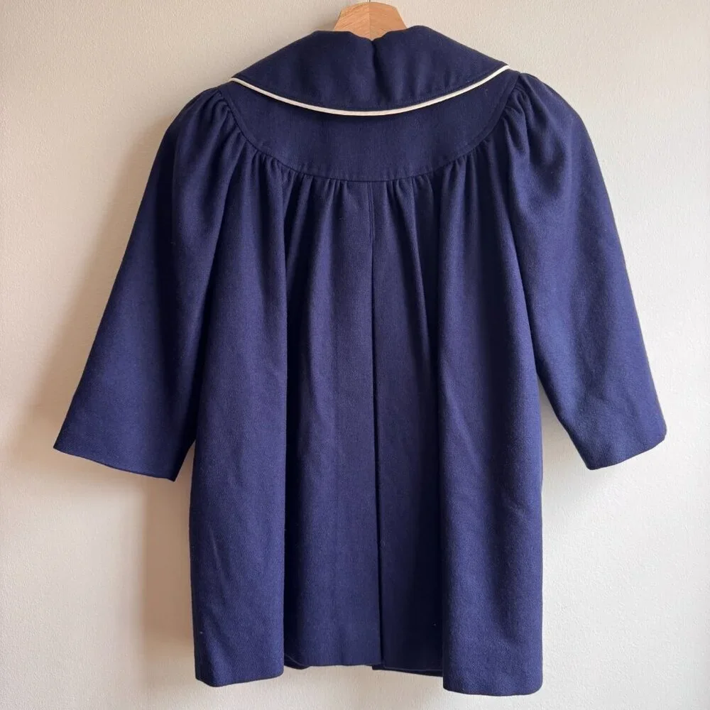 Vintage Saks Fifth Avenue Girls Wool Coat Navy Blue 80s 90s USA Peter Pan Collar